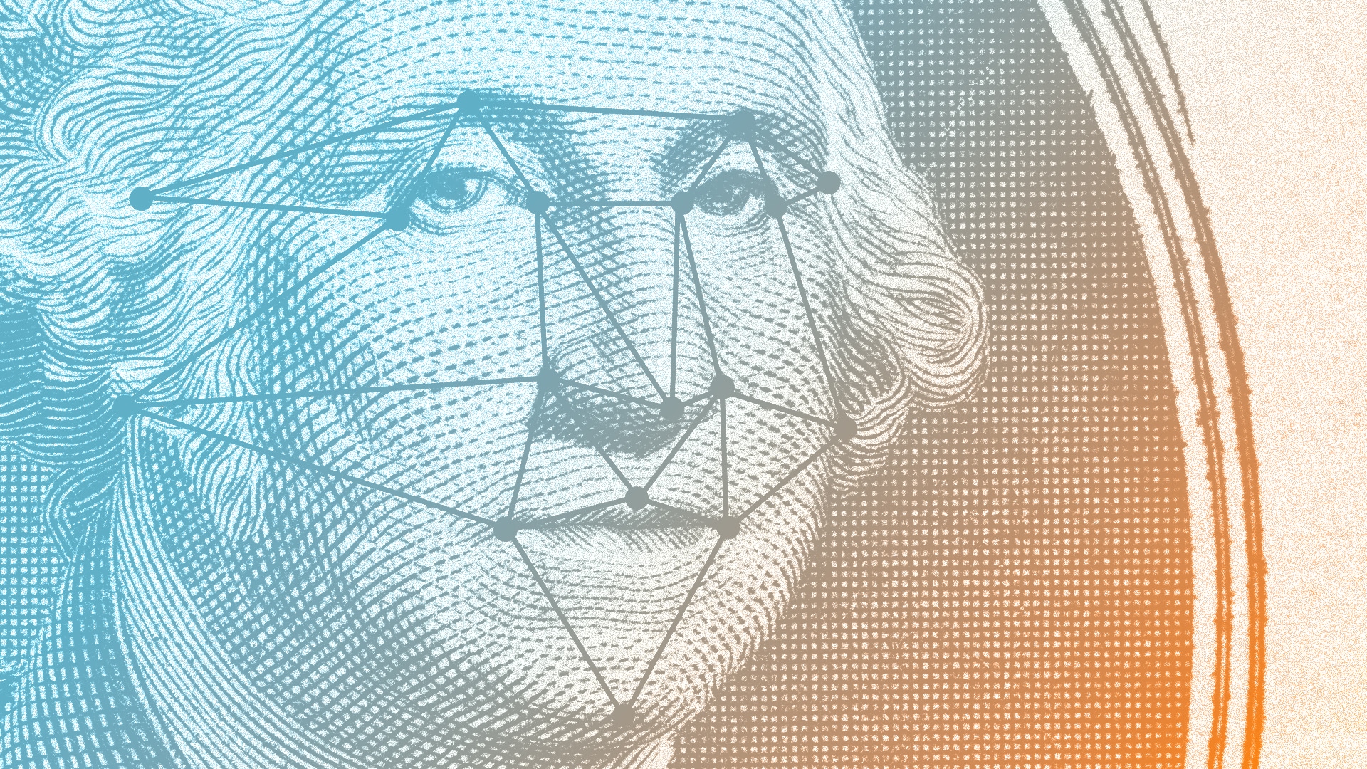 Moneda estadounidense con un dibujo geométrico en la cara del billete que representa la biometría y el blanqueo de dinero.
