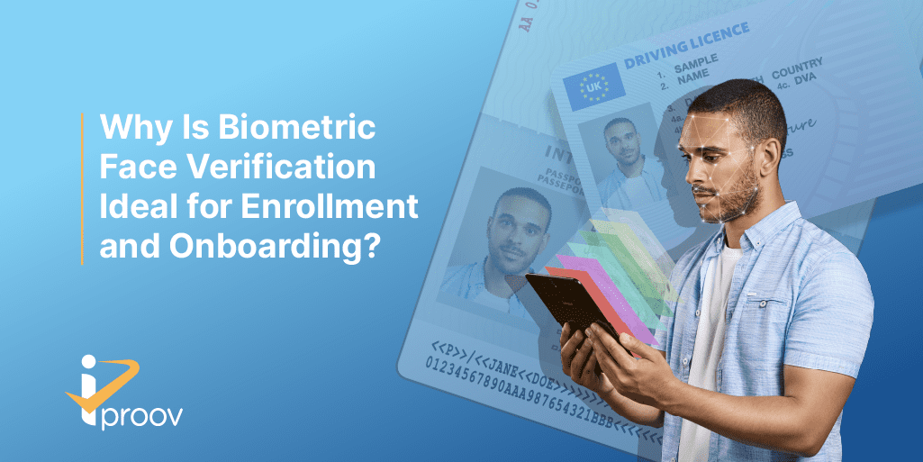 Image shows a man holding a phone scanning his face with biometric face verification. ID documents are in the background to represent the onboarding / enrollment process