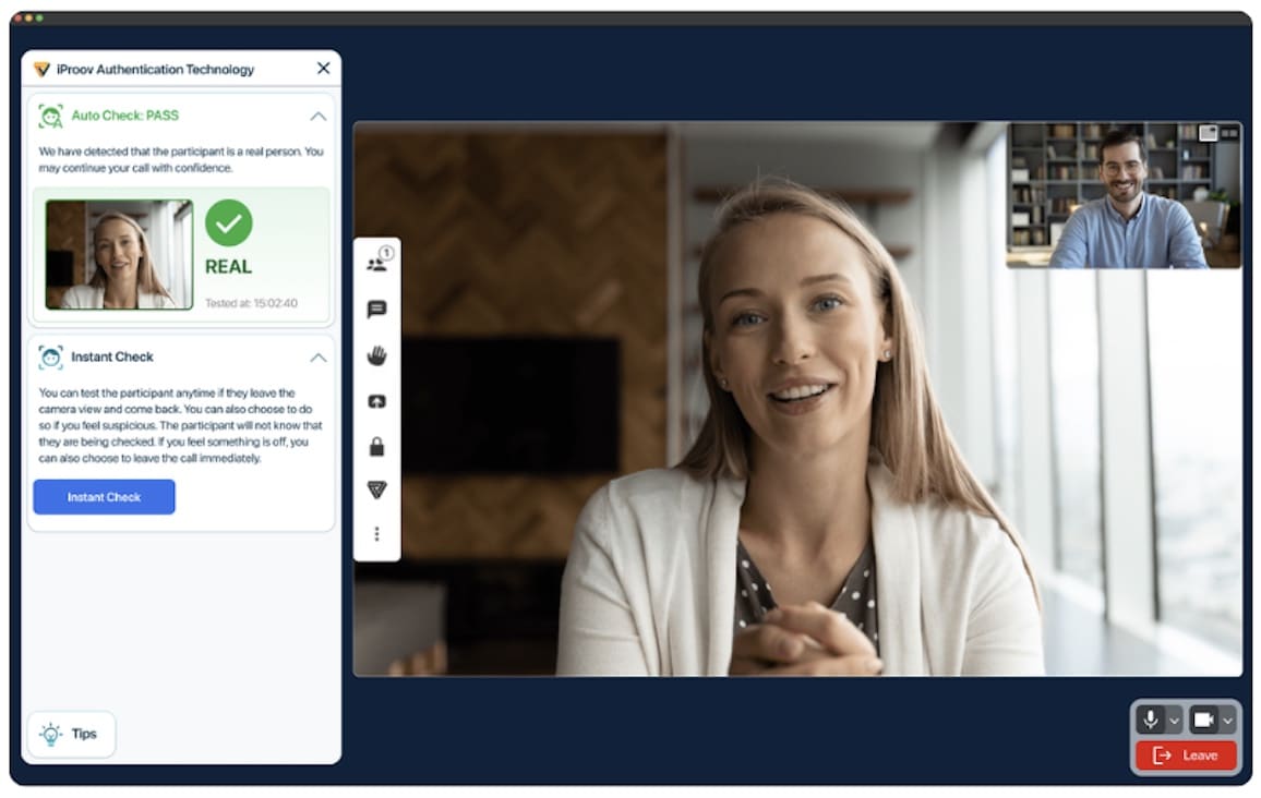 iProov Verified Meetings Cuộc gọi video với giao diện xác thực được hiển thị