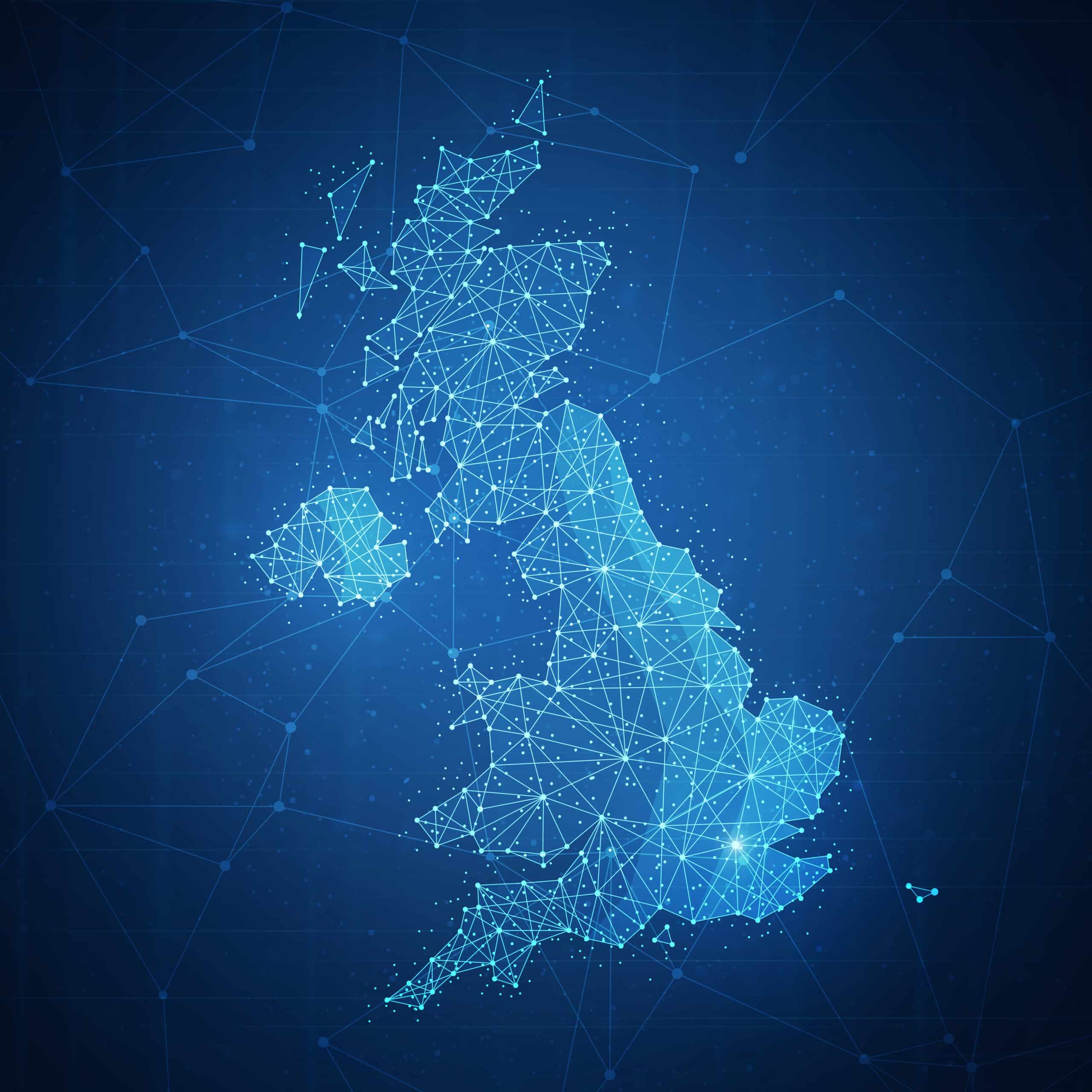Polygon,United,Kingdom,Map,With,Blockchain,Technology,Peer,To,Peer UK Map With Cyber Polygon Background Effect