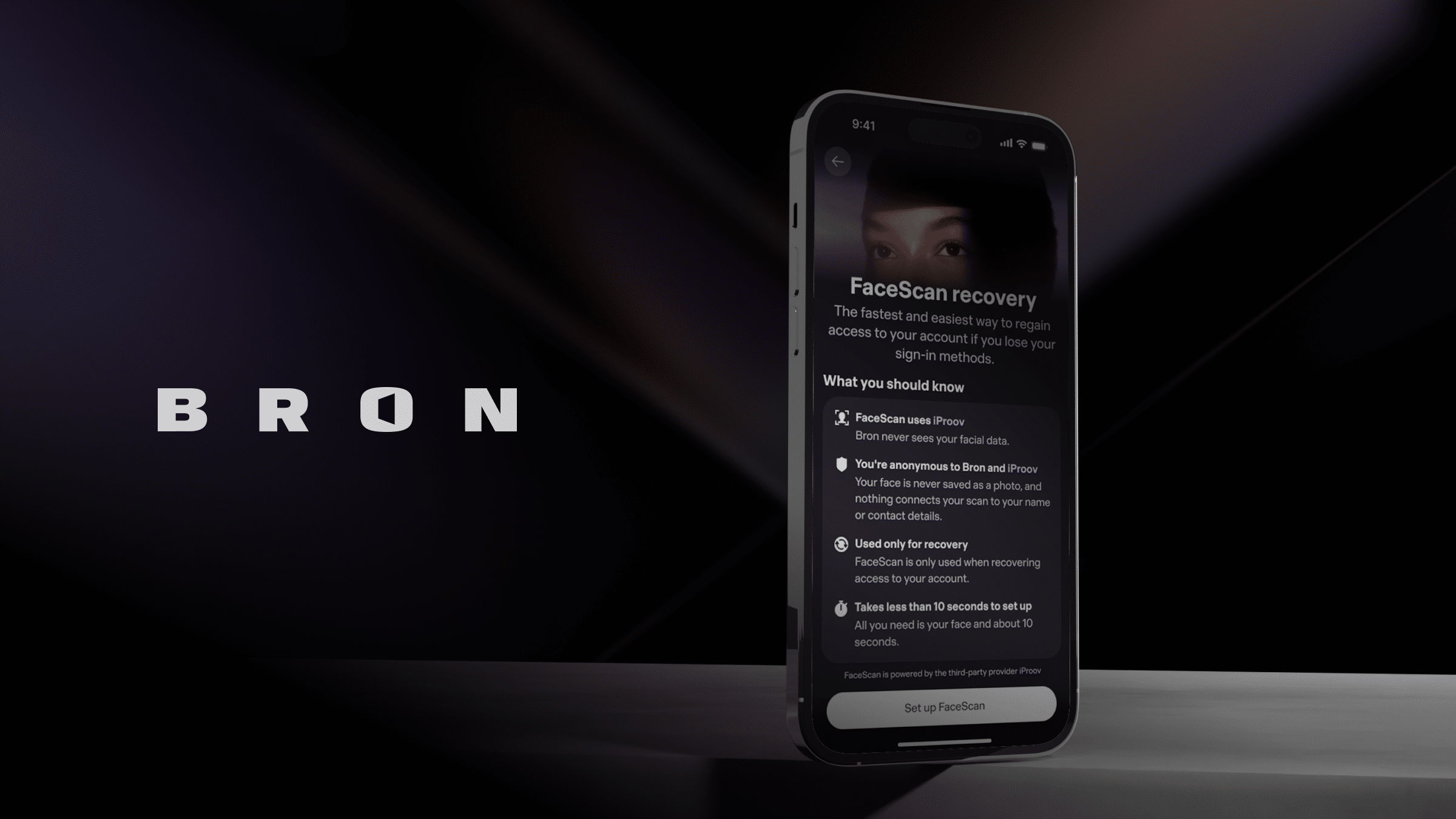 Bron FaceScan with iProov for crypto account recovery Telefon mit Anweisungen zur Wiederherstellung mittels FaceScan